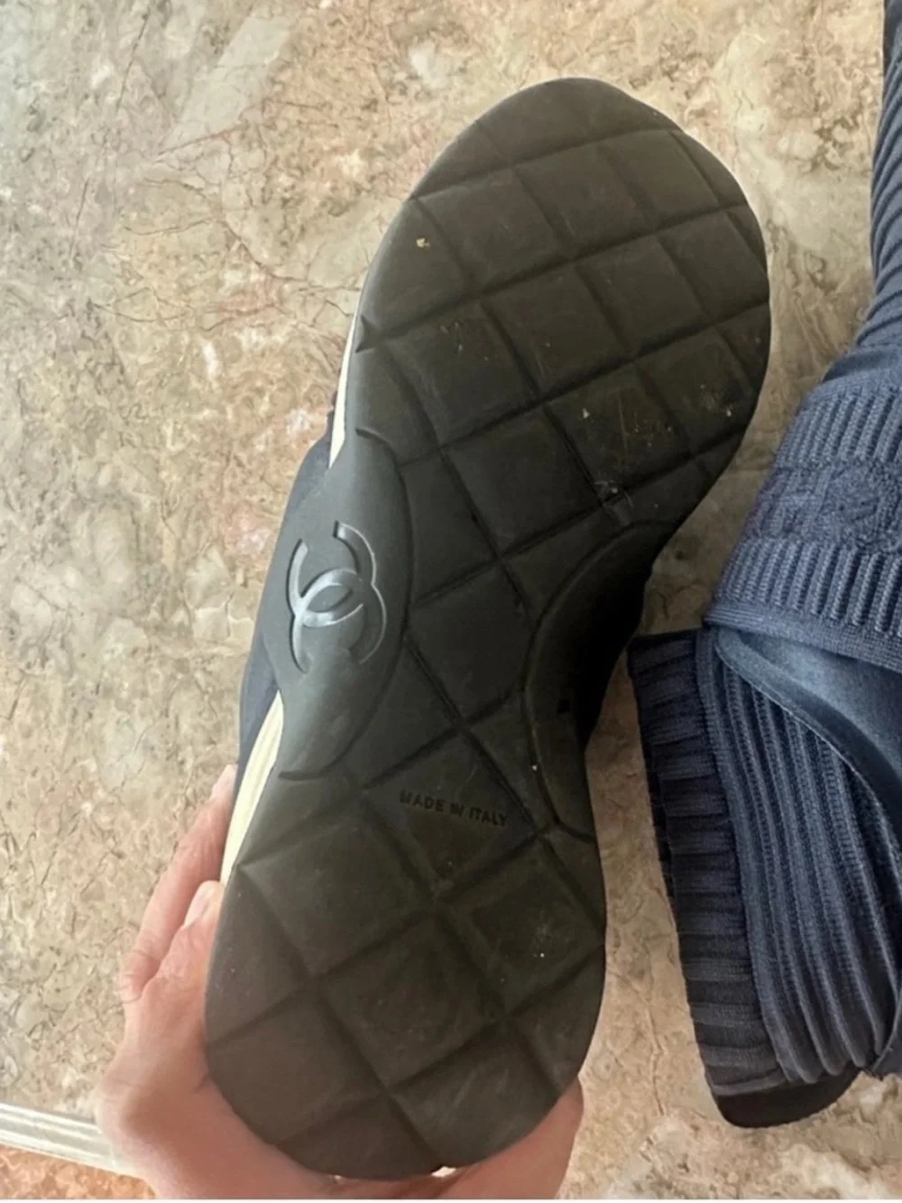 CHANEL Dark Blue Knit High-Top Sneakers